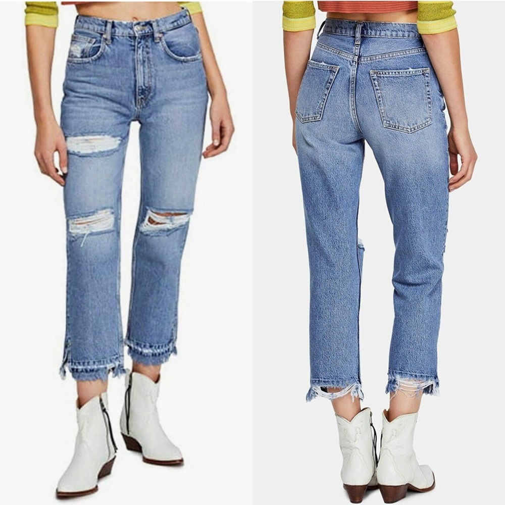 Free People Light Blue Distressed Straight Leg Jeans